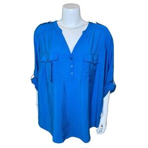 Torrid Harper 3/4 Sleeve Top Blouse 3X V-neck Roll Tab Blue
